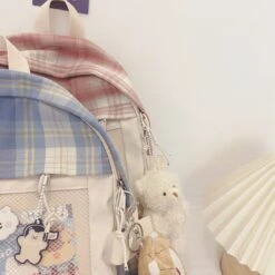 Apparel Kawaii Large Checked Multi-Pocket Backpack -Kawaii Store kawaiies plushies plush softtoy kawaii large checked multi pocket backpack with keychain new bags 975680