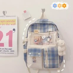 Apparel Kawaii Large Checked Multi-Pocket Backpack -Kawaii Store kawaiies plushies plush softtoy kawaii large checked multi pocket backpack with keychain new bags blue 860850