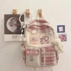 Apparel Kawaii Large Checked Multi-Pocket Backpack -Kawaii Store kawaiies plushies plush softtoy kawaii large checked multi pocket backpack with keychain new bags pink 266081