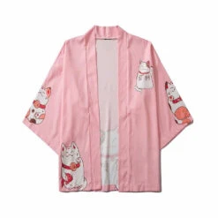 Apparel Kawaii Lucky Cat Black Pink Japanese Short Kimono -Kawaii Store kawaiies plushies plush softtoy kawaii lucky cat black pink japanese short kimono clothing 768355