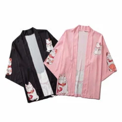 Apparel Kawaii Lucky Cat Black Pink Japanese Short Kimono