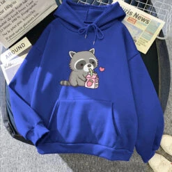 Apparel Kawaii Raccoon Drinking Strawberry Milk Unisex Hoodie -Kawaii Store kawaiies plushies plush softtoy kawaii raccoon drinking strawberry milk unisex hoodie apparel dark blue xs 520742