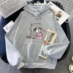 Apparel Kawaii Raccoon Drinking Strawberry Milk Unisex Hoodie -Kawaii Store kawaiies plushies plush softtoy kawaii raccoon drinking strawberry milk unisex hoodie apparel gray xs 344329