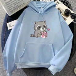 Apparel Kawaii Raccoon Drinking Strawberry Milk Unisex Hoodie -Kawaii Store kawaiies plushies plush softtoy kawaii raccoon drinking strawberry milk unisex hoodie apparel light blue xs 481417