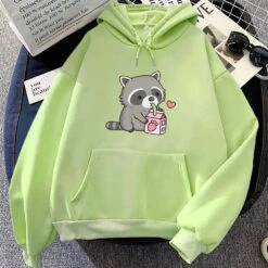 Apparel Kawaii Raccoon Drinking Strawberry Milk Unisex Hoodie -Kawaii Store kawaiies plushies plush softtoy kawaii raccoon drinking strawberry milk unisex hoodie apparel light green xs 313639