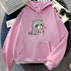 Apparel Kawaii Raccoon Drinking Strawberry Milk Unisex Hoodie -Kawaii Store kawaiies plushies plush softtoy kawaii raccoon drinking strawberry milk unisex hoodie apparel pink xs 434644