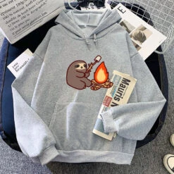 Apparel Kawaii Sloth Cooking Marshmallow Campfire Unisex Hoodie -Kawaii Store kawaiies plushies plush softtoy kawaii sloth cooking marshmallow campfire unisex hoodie apparel gray xs 365316