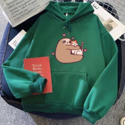 Apparel Kawaii Sloth Hugging Cat Unisex Hoodie -Kawaii Store kawaiies plushies plush softtoy kawaii sloth hugging cat unisex hoodie apparel dark green xs 641108