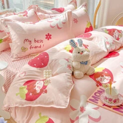 Kawaii Strawberry Print 120gsm Polyester Bedding Sets -Kawaii Store kawaiies plushies plush softtoy kawaii strawberry print 120gsm polyester bedding sets new bedding sets 208111