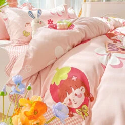 Kawaii Strawberry Print 120gsm Polyester Bedding Sets -Kawaii Store kawaiies plushies plush softtoy kawaii strawberry print 120gsm polyester bedding sets new bedding sets 304601