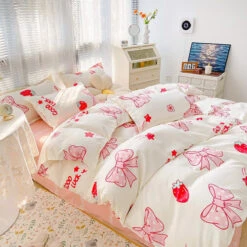 Kawaii Strawberry Print 120gsm Polyester Bedding Sets -Kawaii Store kawaiies plushies plush softtoy kawaii strawberry print 120gsm polyester bedding sets new bedding sets 374285