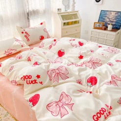 Kawaii Strawberry Print 120gsm Polyester Bedding Sets -Kawaii Store kawaiies plushies plush softtoy kawaii strawberry print 120gsm polyester bedding sets new bedding sets 514917