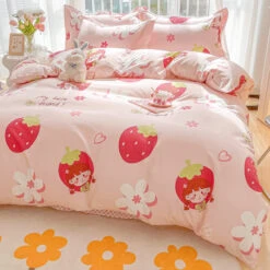 Kawaii Strawberry Print 120gsm Polyester Bedding Sets -Kawaii Store kawaiies plushies plush softtoy kawaii strawberry print 120gsm polyester bedding sets new bedding sets 700493
