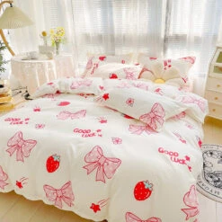 Kawaii Strawberry Print 120gsm Polyester Bedding Sets -Kawaii Store kawaiies plushies plush softtoy kawaii strawberry print 120gsm polyester bedding sets new bedding sets 979234