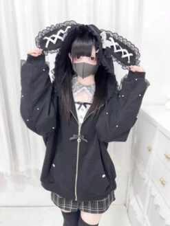 Apparel Lace Bunny Ears Black White Zip-up Hoodies -Kawaii Store kawaiies plushies plush softtoy lace bunny ears black white zip up hoodies apparel 527187