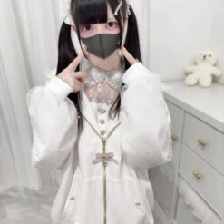 Apparel Lace Bunny Ears Black White Zip-up Hoodies -Kawaii Store kawaiies plushies plush softtoy lace bunny ears black white zip up hoodies apparel 711594