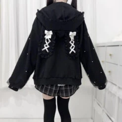 Apparel Lace Bunny Ears Black White Zip-up Hoodies -Kawaii Store kawaiies plushies plush softtoy lace bunny ears black white zip up hoodies apparel 729594
