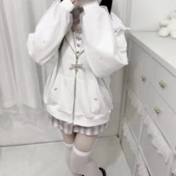 Apparel Lace Bunny Ears Black White Zip-up Hoodies -Kawaii Store kawaiies plushies plush softtoy lace bunny ears black white zip up hoodies apparel 849037