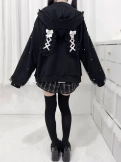 Apparel Lace Bunny Ears Black White Zip-up Hoodies -Kawaii Store kawaiies plushies plush softtoy lace bunny ears black white zip up hoodies apparel 945729