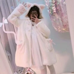 Apparel Lolita Fleece-lined Kitten Thickened Winter Women Jacket -Kawaii Store kawaiies plushies plush softtoy lolita fleece lined kitten thickened winter women jacket jacket 195207