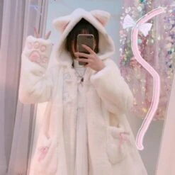 Apparel Lolita Fleece-lined Kitten Thickened Winter Women Jacket -Kawaii Store kawaiies plushies plush softtoy lolita fleece lined kitten thickened winter women jacket jacket 488668