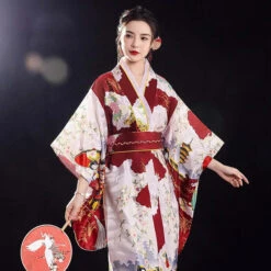 Apparel Long Traditional Japanese-themed Floral Women's Kimono -Kawaii Store kawaiies plushies plush softtoy long traditional japanese themed floral womens kimono kimono burgundy 502864