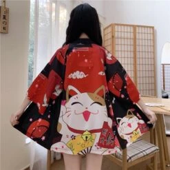 Apparel Japanese Lucky Cat Lightweight Kimono Top -Kawaii Store kawaiies plushies plush softtoy lucky cat harajuku summer beach lightweight kimono top apparel 10 147125