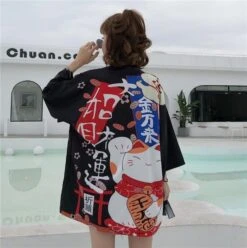 Apparel Japanese Lucky Cat Lightweight Kimono Top -Kawaii Store kawaiies plushies plush softtoy lucky cat harajuku summer beach lightweight kimono top apparel 12 240001