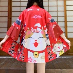 Apparel Japanese Lucky Cat Lightweight Kimono Top -Kawaii Store kawaiies plushies plush softtoy lucky cat harajuku summer beach lightweight kimono top apparel 5 664498