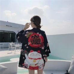 Apparel Japanese Lucky Cat Lightweight Kimono Top -Kawaii Store kawaiies plushies plush softtoy lucky cat harajuku summer beach lightweight kimono top apparel 611294
