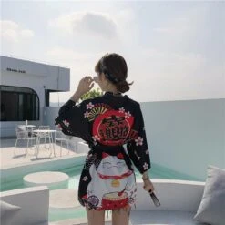 Apparel Japanese Lucky Cat Lightweight Kimono Top -Kawaii Store kawaiies plushies plush softtoy lucky cat harajuku summer beach lightweight kimono top apparel 614328