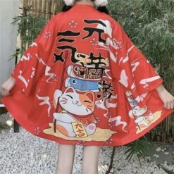 Apparel Japanese Lucky Cat Lightweight Kimono Top -Kawaii Store kawaiies plushies plush softtoy lucky cat harajuku summer beach lightweight kimono top apparel 7 622116