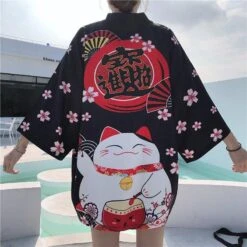 Apparel Japanese Lucky Cat Lightweight Kimono Top -Kawaii Store kawaiies plushies plush softtoy lucky cat harajuku summer beach lightweight kimono top apparel 770891