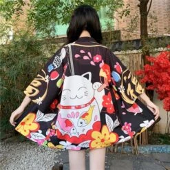 Apparel Japanese Lucky Cat Lightweight Kimono Top -Kawaii Store kawaiies plushies plush softtoy lucky cat harajuku summer beach lightweight kimono top apparel 9 230765