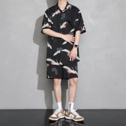 Apparel Men's Crane Print Shirt & Shorts Short Sleeve Shirt -Kawaii Store kawaiies plushies plush softtoy mens crane print shirt shorts short sleeve shirt apparel 155351