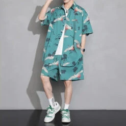 Apparel Men's Crane Print Shirt & Shorts Short Sleeve Shirt -Kawaii Store kawaiies plushies plush softtoy mens crane print shirt shorts short sleeve shirt apparel 219616