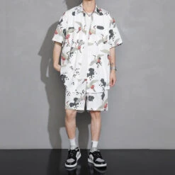 Apparel Men's Crane Print Shirt & Shorts Short Sleeve Shirt -Kawaii Store kawaiies plushies plush softtoy mens crane print shirt shorts short sleeve shirt apparel 338780