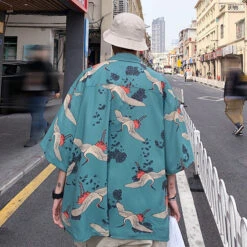 Apparel Men's Crane Print Shirt & Shorts Short Sleeve Shirt -Kawaii Store kawaiies plushies plush softtoy mens crane print shirt shorts short sleeve shirt apparel 584640