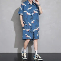 Apparel Men's Crane Print Shirt & Shorts Short Sleeve Shirt -Kawaii Store kawaiies plushies plush softtoy mens crane print shirt shorts short sleeve shirt apparel 672927