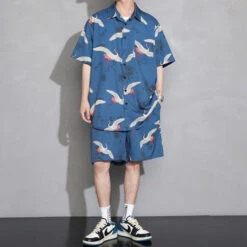 Apparel Men's Crane Print Shirt & Shorts Short Sleeve Shirt -Kawaii Store kawaiies plushies plush softtoy mens crane print shirt shorts short sleeve shirt apparel blue m 341131