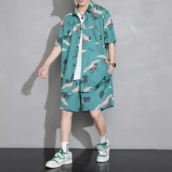 Apparel Men's Crane Print Shirt & Shorts Short Sleeve Shirt -Kawaii Store kawaiies plushies plush softtoy mens crane print shirt shorts short sleeve shirt apparel green m 409548