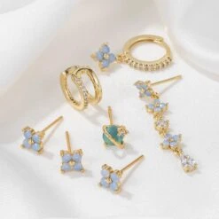 Mini Baby Blue Flower 18K Gold-Plated Earrings (7pc Set) -Kawaii Store kawaiies plushies plush softtoy mini baby blue flower 18k gold plated earrings 7pc set jewelry 943942