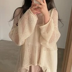 Apparel Netted Full Sleeve Loose Women's Jumper -Kawaii Store kawaiies plushies plush softtoy netted full sleeve loose womens jumper new tops 201613