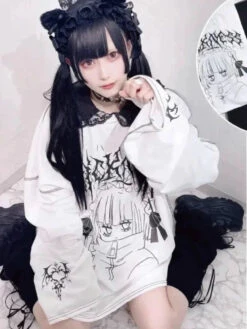 Apparel Oversized Harajuku Gothic "Sickness" Anime Girl White Black Tee -Kawaii Store kawaiies plushies plush softtoy oversized harajuku gothic sickness anime girl white black tee apparel 185953
