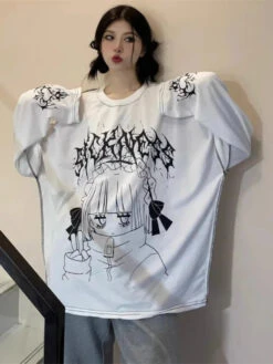 Apparel Oversized Harajuku Gothic "Sickness" Anime Girl White Black Tee -Kawaii Store kawaiies plushies plush softtoy oversized harajuku gothic sickness anime girl white black tee apparel 258707