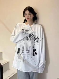 Apparel Oversized Harajuku Gothic "Sickness" Anime Girl White Black Tee -Kawaii Store kawaiies plushies plush softtoy oversized harajuku gothic sickness anime girl white black tee apparel 570354