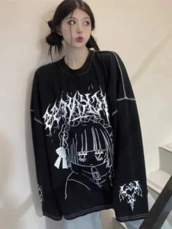 Apparel Oversized Harajuku Gothic "Sickness" Anime Girl White Black Tee -Kawaii Store kawaiies plushies plush softtoy oversized harajuku gothic sickness anime girl white black tee apparel 896719