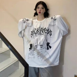 Apparel Oversized Harajuku Gothic "Sickness" Anime Girl White Black Tee -Kawaii Store kawaiies plushies plush softtoy oversized harajuku gothic sickness anime girl white black tee apparel 927215