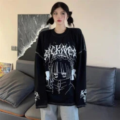 Apparel Oversized Harajuku Gothic "Sickness" Anime Girl White Black Tee -Kawaii Store kawaiies plushies plush softtoy oversized harajuku gothic sickness anime girl white black tee apparel 937527