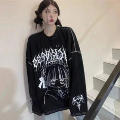 Apparel Oversized Harajuku Gothic "Sickness" Anime Girl White Black Tee -Kawaii Store kawaiies plushies plush softtoy oversized harajuku gothic sickness anime girl white black tee apparel black s 578918